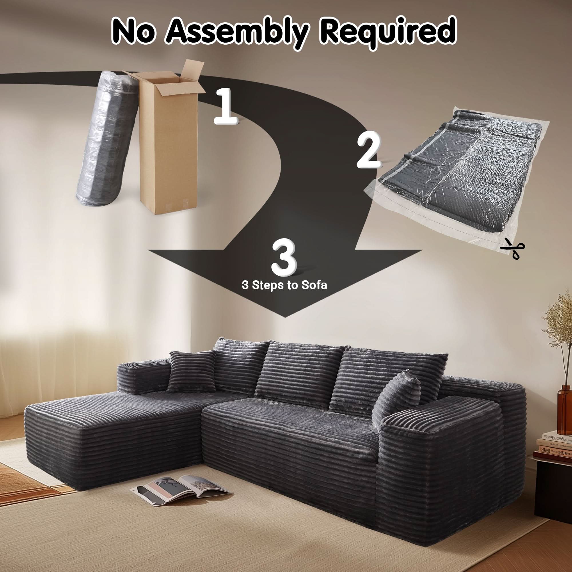 OVIOS 104" L-Shape Modular Couch with Chaise, Plush Corduroy Fabric, No Assembly Required, view 5
