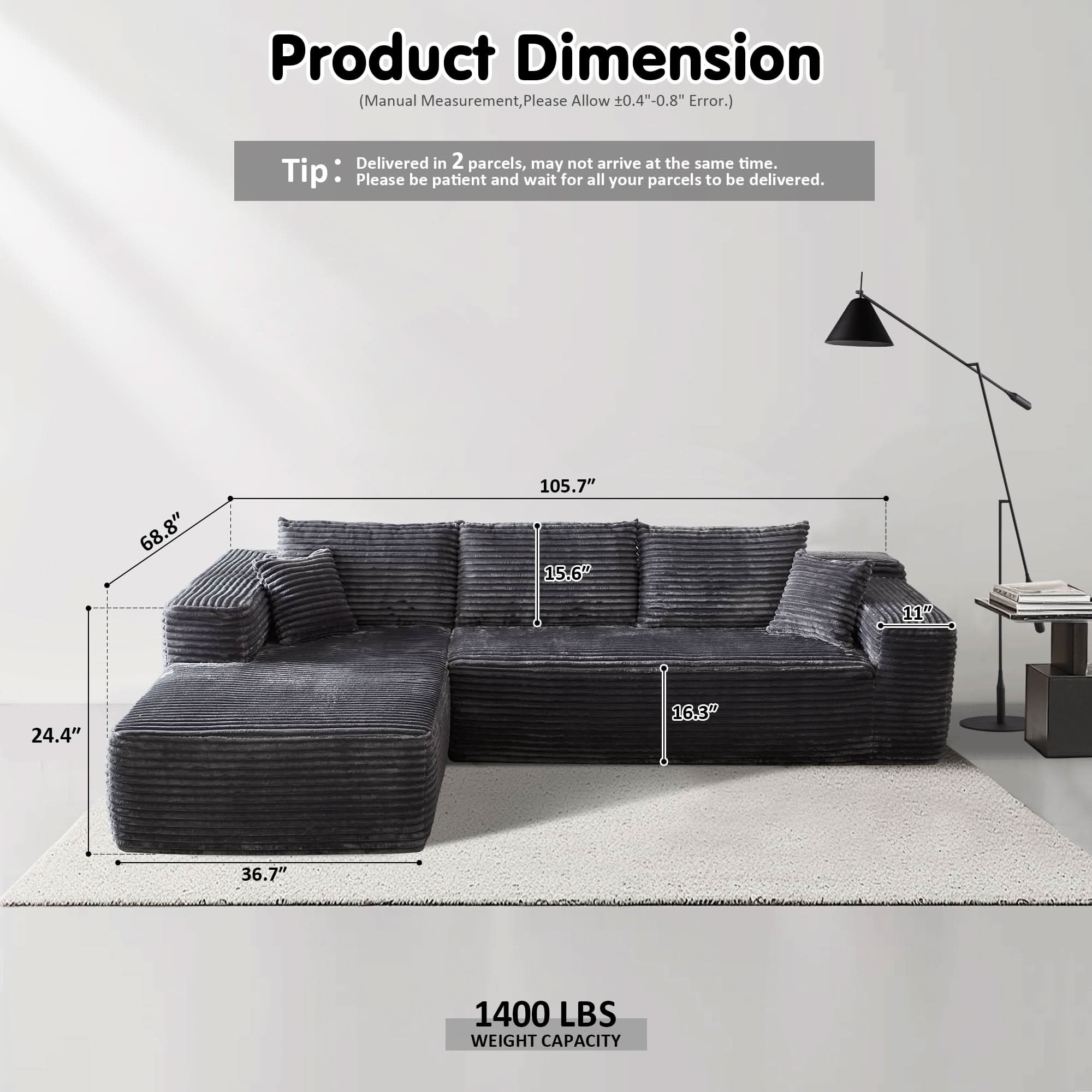 OVIOS 104" L-Shape Modular Couch with Chaise, Plush Corduroy Fabric, No Assembly Required, view 6
