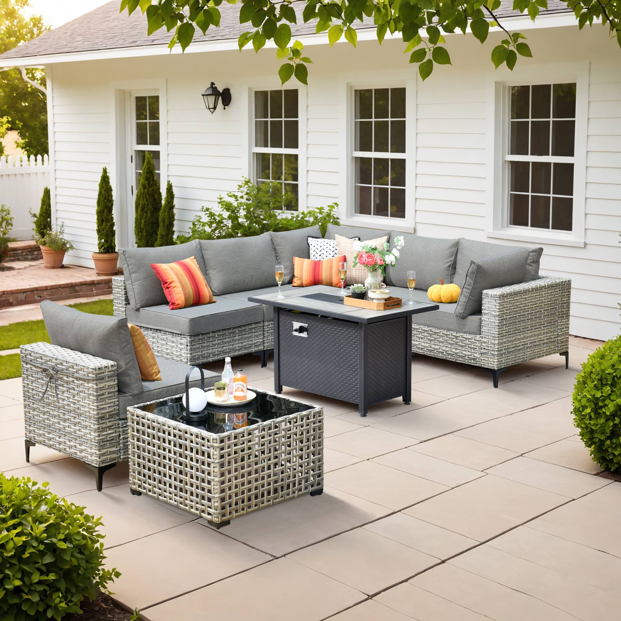 OVIOS Wicker Patio Conversation Set with Fire Pit Table & Glowing Coffee Table, view 3