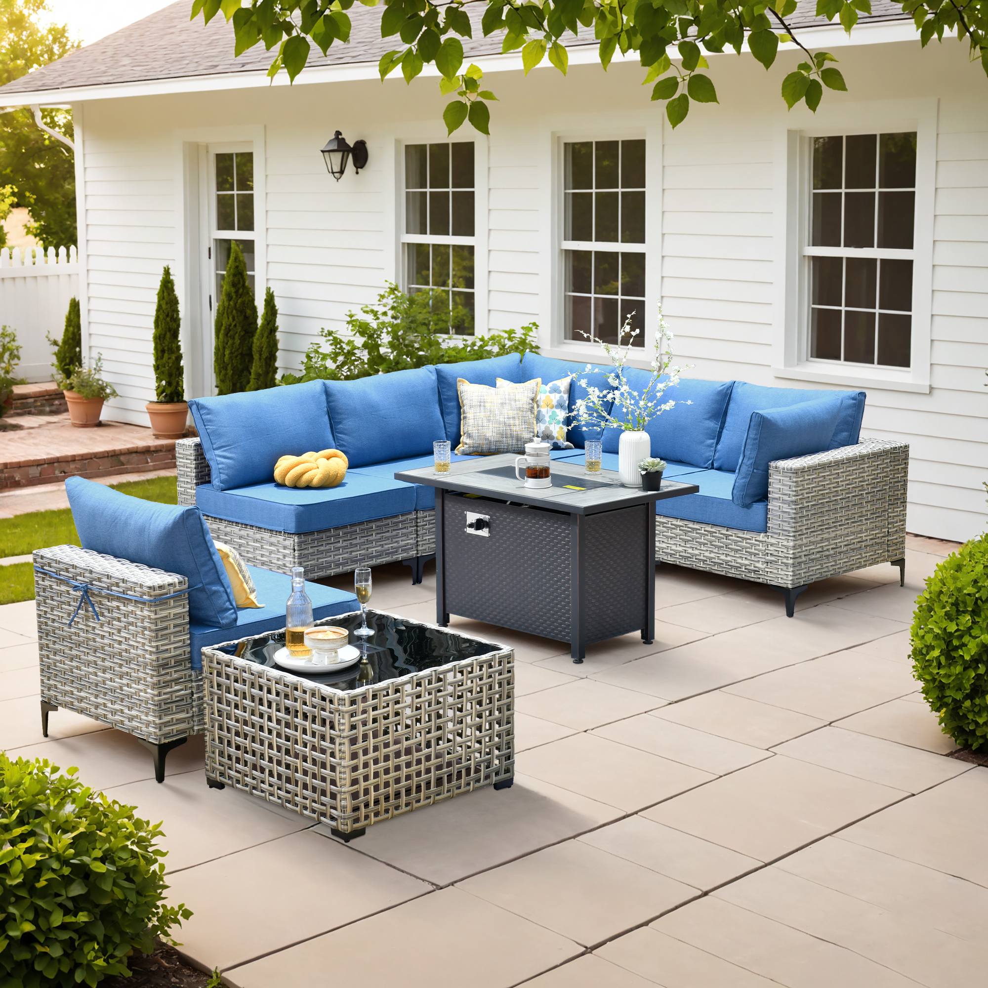 OVIOS Wicker Patio Conversation Set with Fire Pit Table & Glowing Coffee Table, view 4