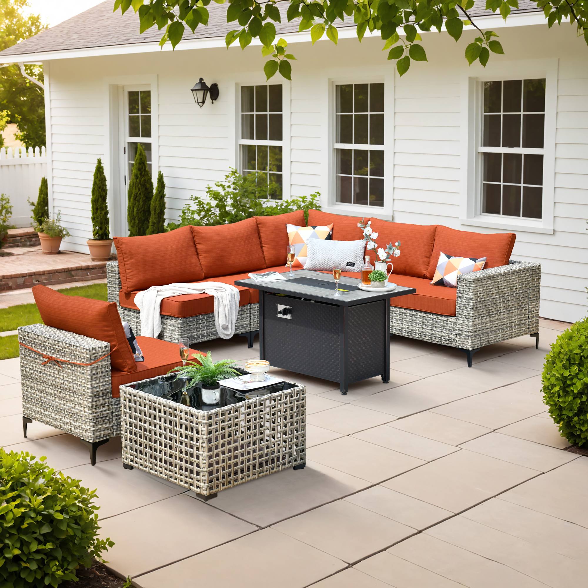 OVIOS Wicker Patio Conversation Set with Fire Pit Table & Glowing Coffee Table, view 5