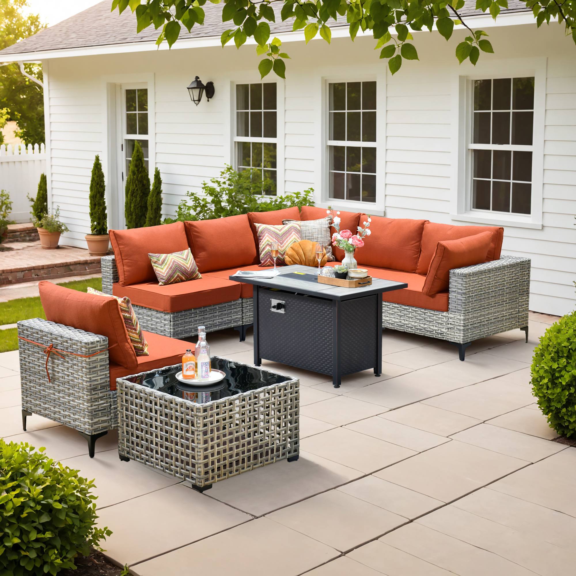 OVIOS Wicker Patio Conversation Set with Fire Pit Table & Glowing Coffee Table, view 6